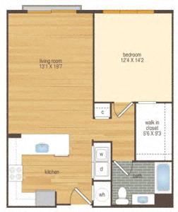 Floor plan for 1 bed, 1 bath, 811 sqft